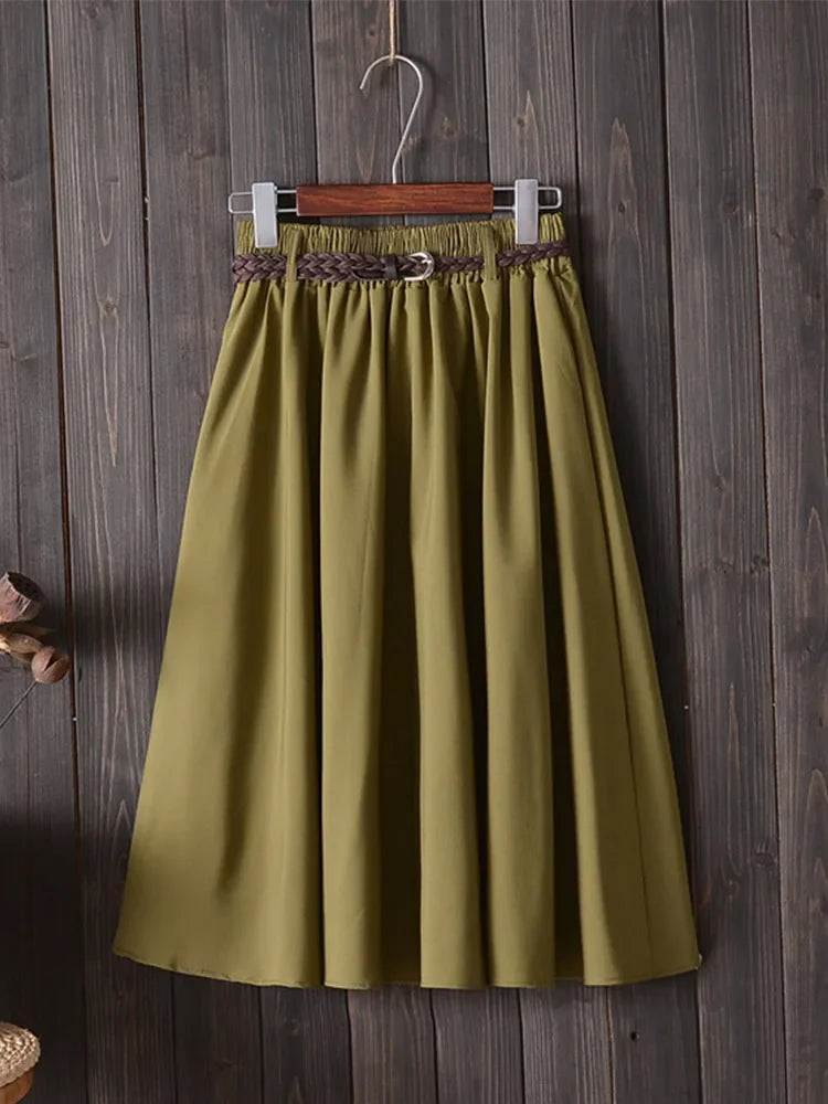 Korean Belle™ | Women's Midi A-Line Skirt | High Waist, Pleated Design, Belt Included for Summer Style