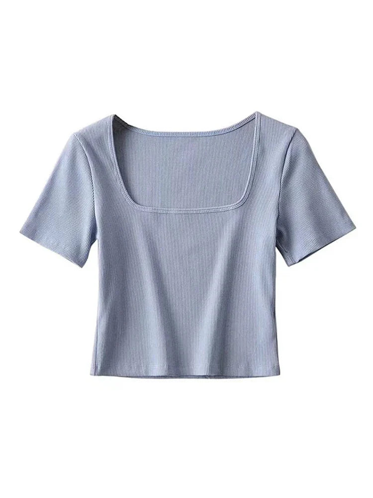 Ribbed Aura™ | Women's Square Neck Crop T-Shirt | Soft Cotton, Short Sleeve, Stylish Ribbed Design