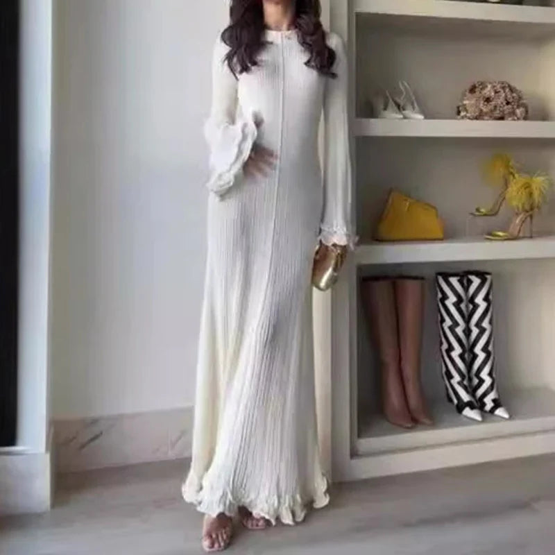 Ruffle Belle™ | Women's Pleated Long Dress | White, O-Neck, Flare Design for Autumn & Winter Fashion