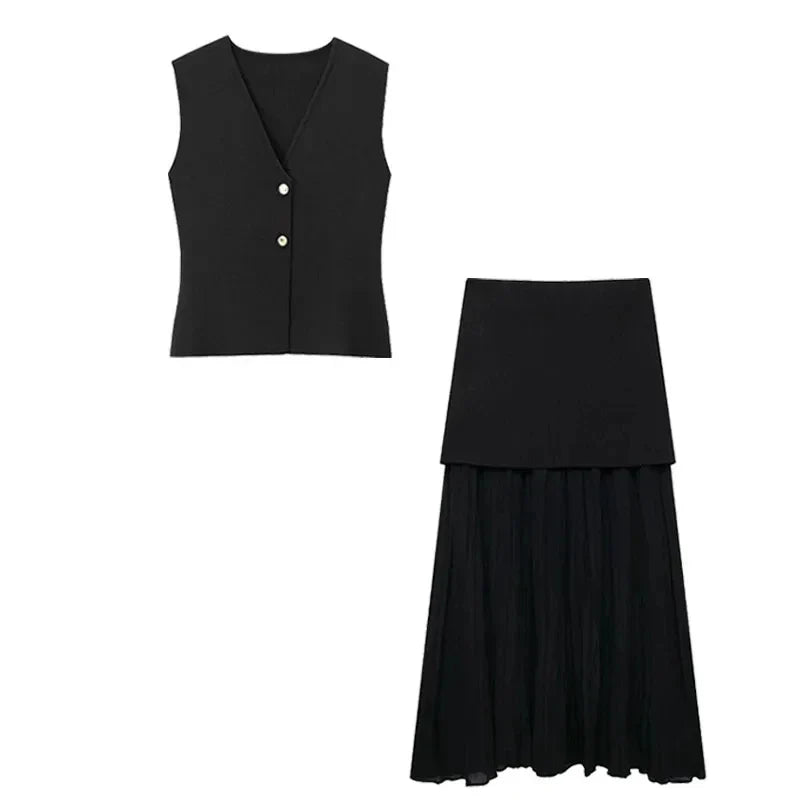 Vesta Luxe™ | Women's 2-Piece Set | Knitted V-Neck Vest Top & High Waist Ankle-Length Skirt with Side Zipper