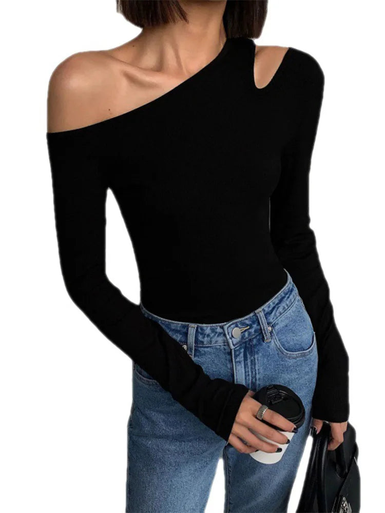 Off-Shoulder Aura™ | Women's Slim Fit Crop Top | Solid Color, Long Sleeves, Hollow Out Design for Spring Style