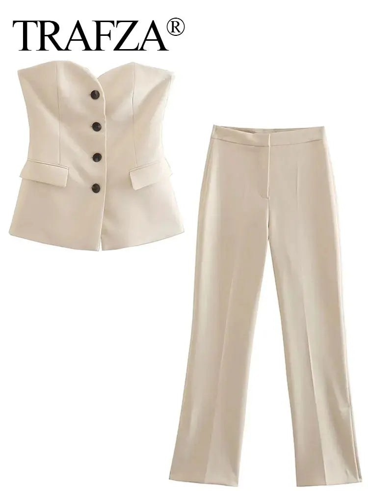 Glind™ | Women's Solid Pant Suit Set | Strapless Tank Top & Side Slit Trouser, Stylish Streetwear Ensemble
