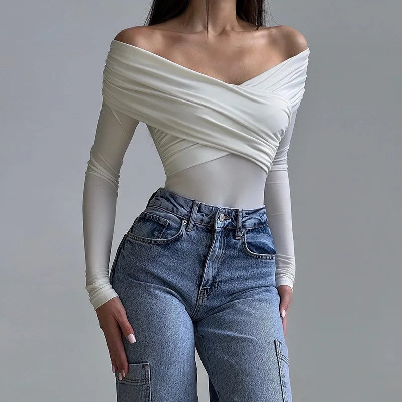 BodySuit Noir™ | Women's Off-Shoulder Bodysuit | Black Cross-Front, Long Sleeve, Skinny Fit Streetwear for Fall