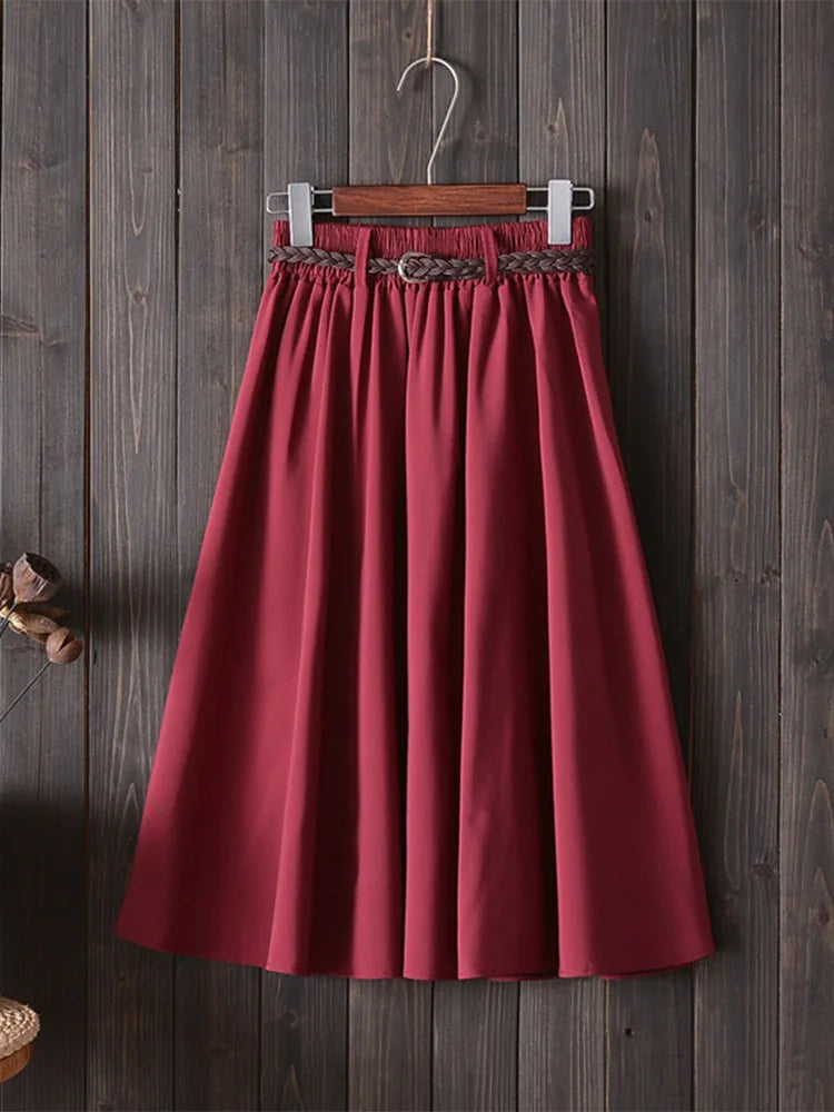 Korean Belle™ | Women's Midi A-Line Skirt | High Waist, Pleated Design, Belt Included for Summer Style