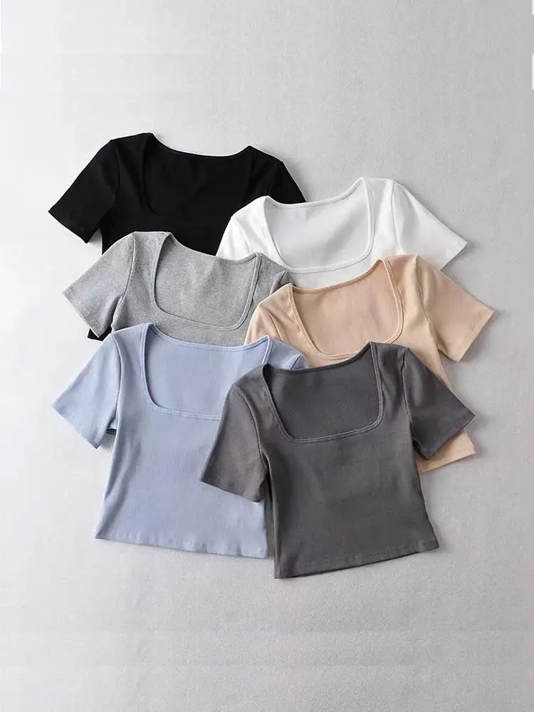 Ribbed Aura™ | Women's Square Neck Crop T-Shirt | Soft Cotton, Short Sleeve, Stylish Ribbed Design
