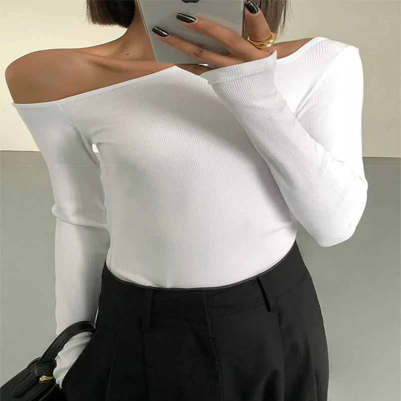 Off-Shoulder Aura™ | Women's Slim Fit Crop Top | Solid Color, Long Sleeves, Hollow Out Design for Spring Style
