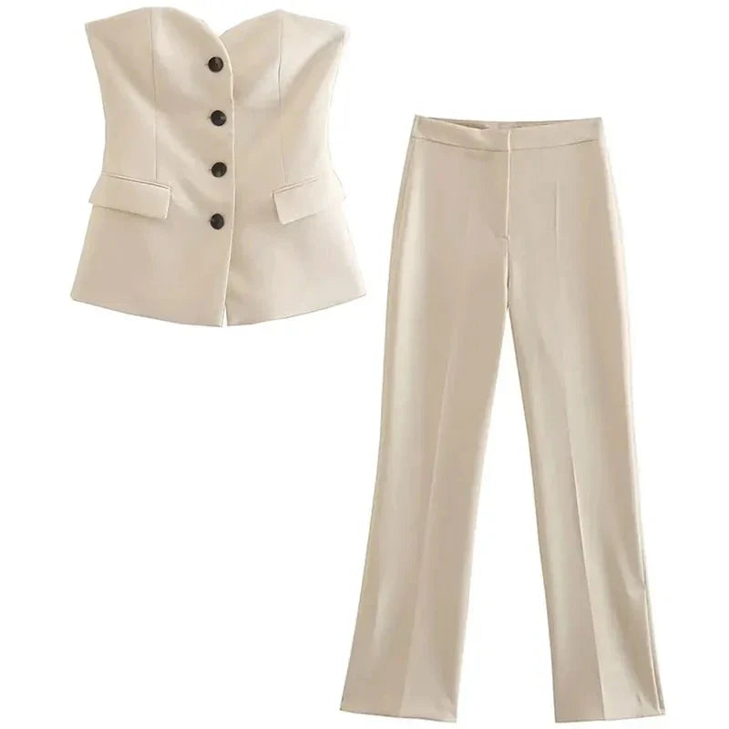 Glind™ | Women's Solid Pant Suit Set | Strapless Tank Top & Side Slit Trouser, Stylish Streetwear Ensemble
