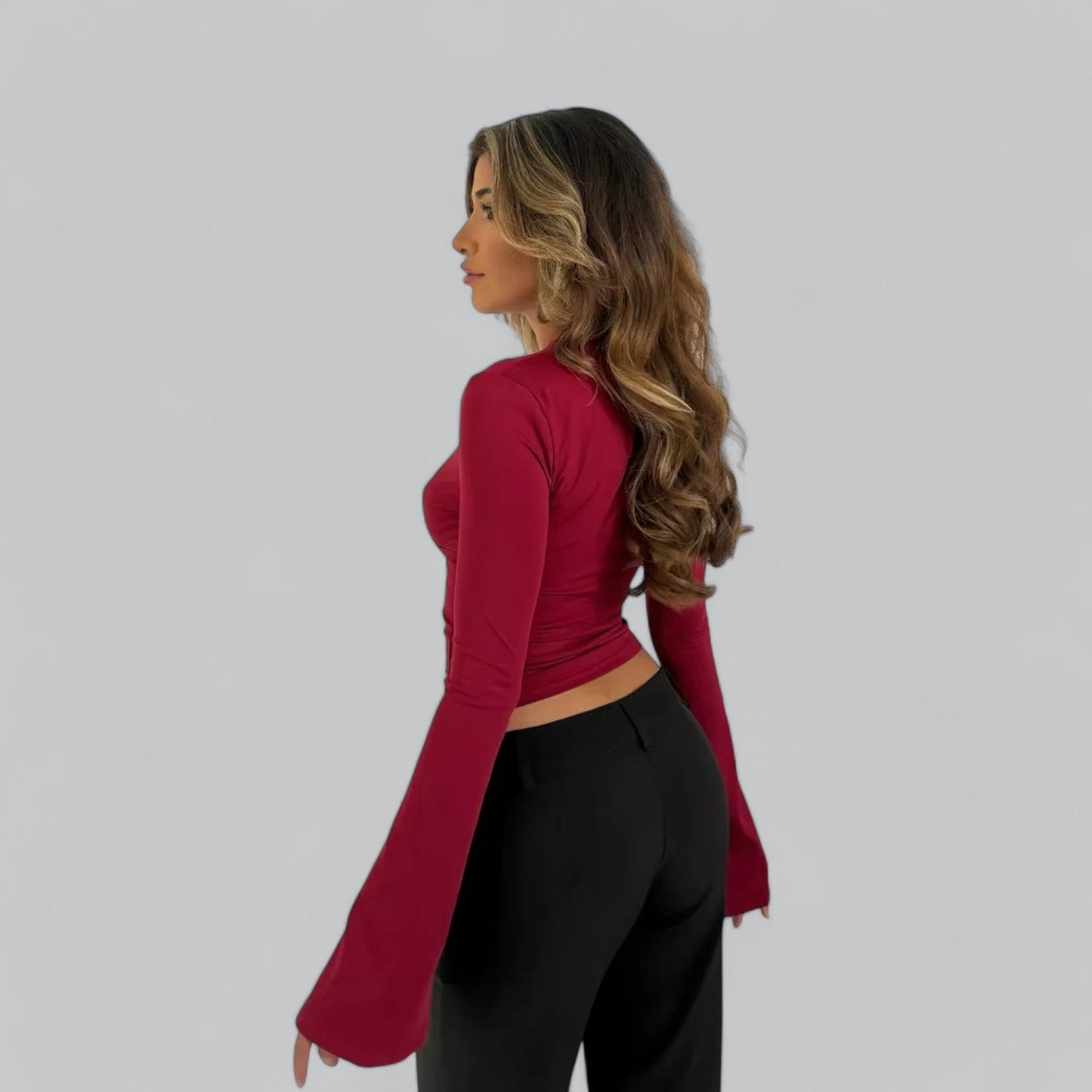 Low-Cut V-Neck Flare Lace Long Sleeve Shirt | Women's Fashion Top, Lightweight, Stylish Design for Everyday Wear