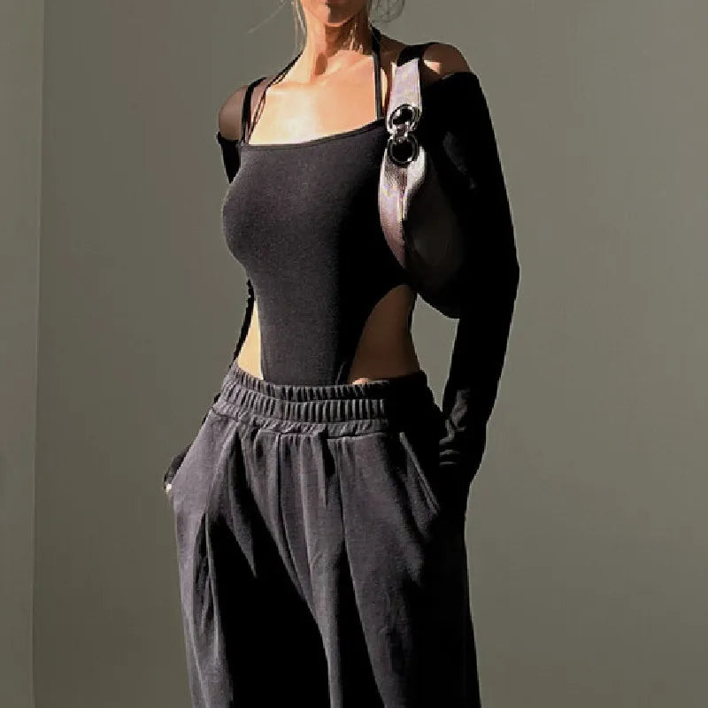 Bodysuit Aesthetic™ | Women's Off-Shoulder Halter Bodysuit | Long Sleeve, Slim Fit, Spaghetti Straps for Party & Clubwear