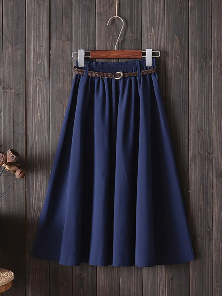 Korean Belle™ | Women's Midi A-Line Skirt | High Waist, Pleated Design, Belt Included for Summer Style