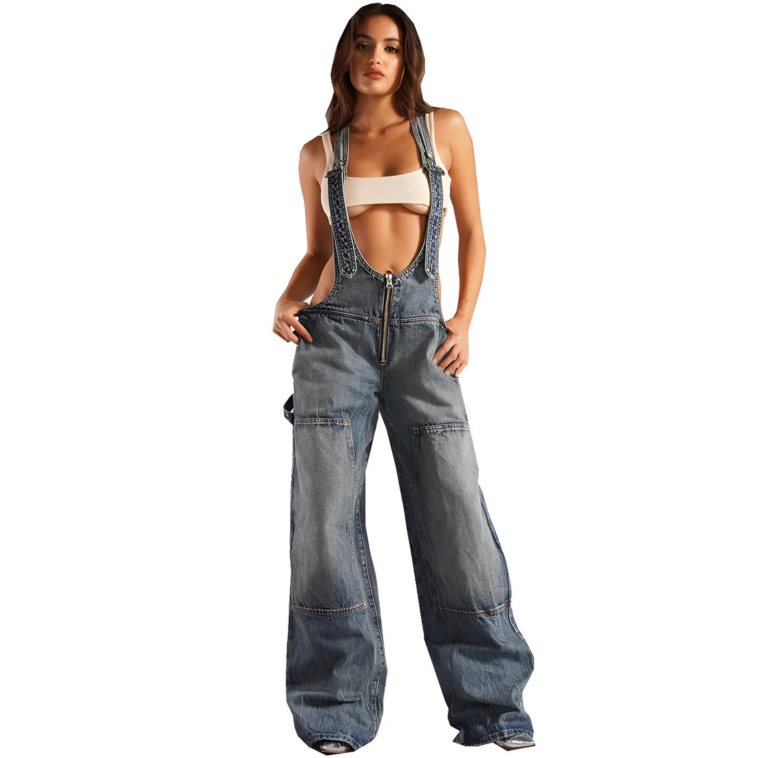 Overalls Luxe™ | Women's Sexy Plunge Denim Overalls | Distressed Design, Adjustable Straps, and Trendy Fit