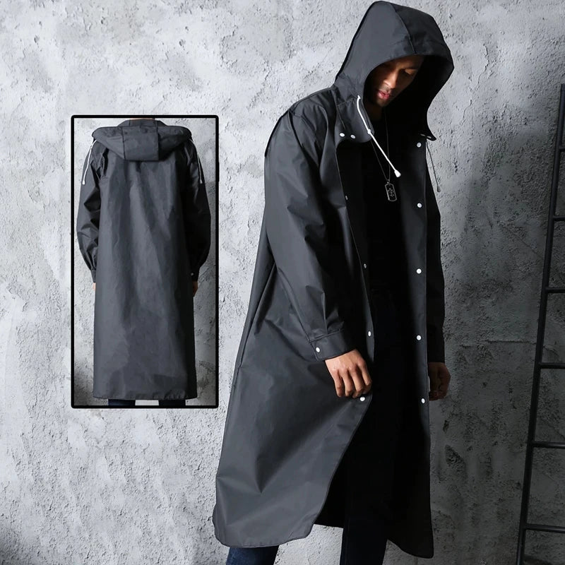 StormGuard™ | Men's Long Black Hooded Coat | Water-Resistant, Lightweight Fabric & Adjustable Drawstring