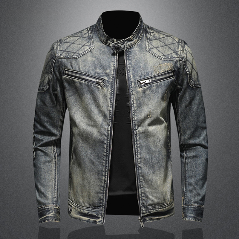 Denim Axel™ | Men's Slim Fit Denim Jacket | Stand Collar, Quilted Shoulders & Zipper Pockets