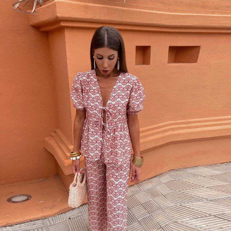 Linen Aura™ | Women's Two-Piece Linen Set | Puff Sleeve Tie-Front Top & High-Waist Wide-Leg Pants