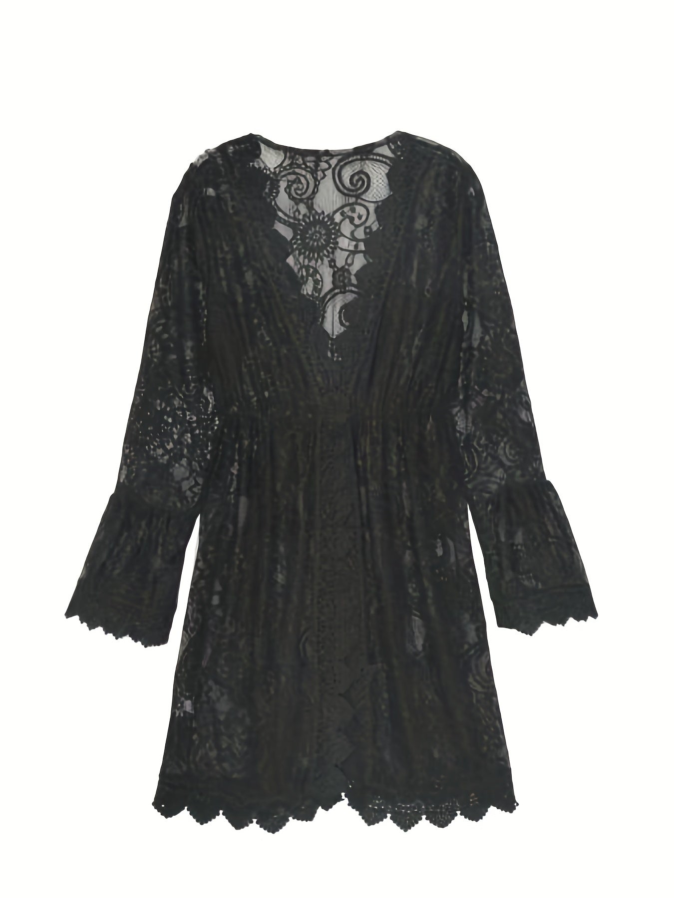 Lace Vespera™ | Women's Lace V-Neck Midi Dress | Summer Knit, Slit Hem & Long Sleeves for Beachwear