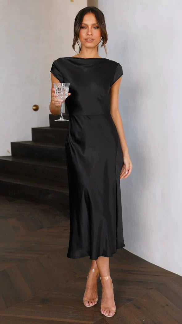Satin Belle™ | Women's Backless Midi Dress | Luxurious Satin, Evening Wear, Flattering Fit