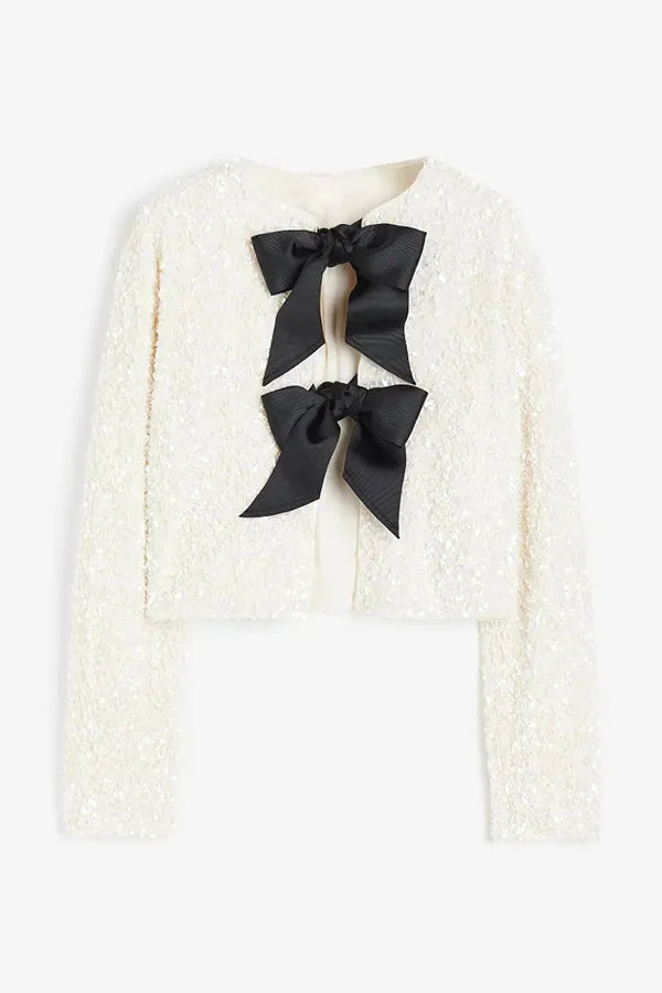 Bowtie Luxe™ | Women's Tie-Front Bow Sequined Jacket | Stylish Sequins, Front Tie Closure & Lightweight Design