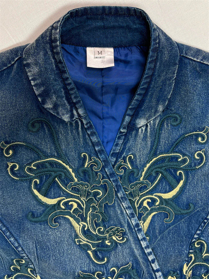 Vintage Aura™ | Ladies Vintage Embroidery Denim Dress | V-Neck, Side Slit Design, Comfortable Fit