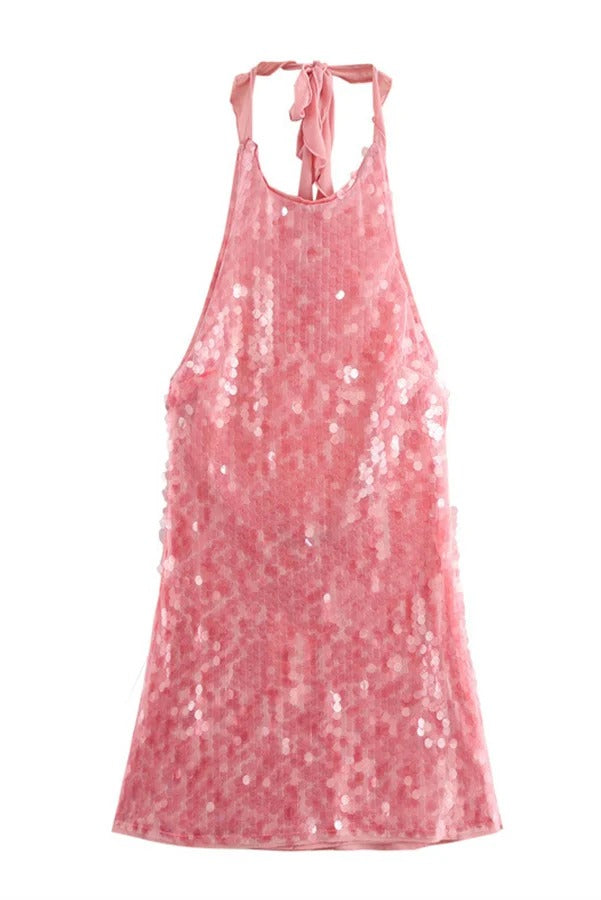 Rose Disc™ | Women's Backless Mini Dress | Sequin Design, Halter Neck, Lightweight Fabric