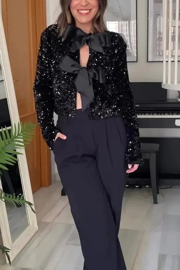 Bowtie Luxe™ | Women's Tie-Front Bow Sequined Jacket | Stylish Sequins, Front Tie Closure & Lightweight Design