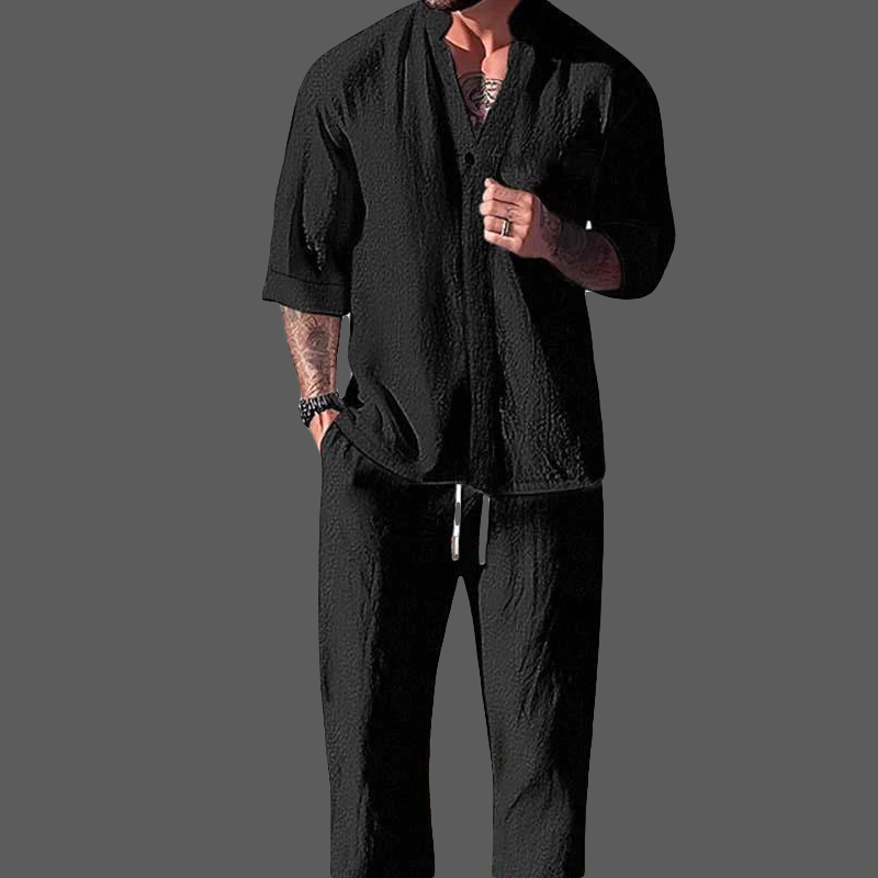 Loungewear Luxe™ | Men's Cotton Linen Blend Set | V-Neck Long Sleeve Top & Drawstring Trousers for Ultimate Comfort