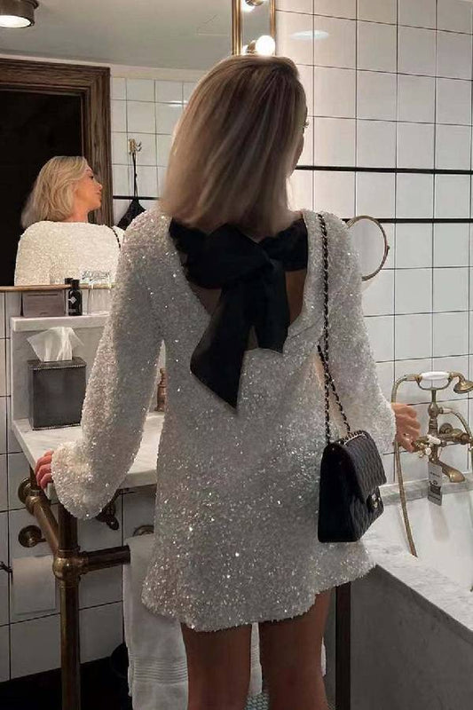 Sequin Belle™ | Women's Mini Dress | All-Over Sequin, Back Tie-Up Bow Design, Loose Fit