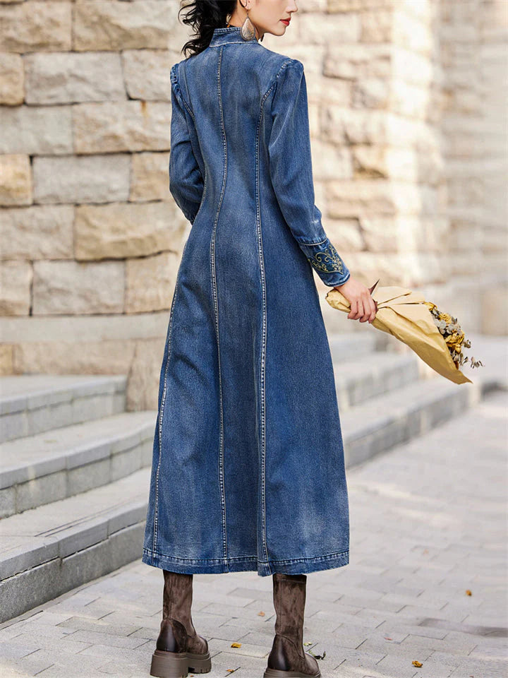 Vintage Aura™ | Ladies Vintage Embroidery Denim Dress | V-Neck, Side Slit Design, Comfortable Fit