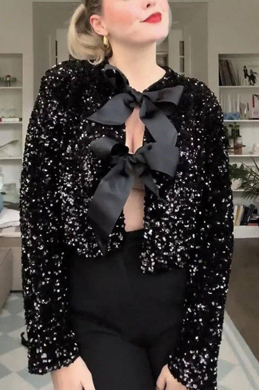 Bowtie Luxe™ | Women's Tie-Front Bow Sequined Jacket | Stylish Sequins, Front Tie Closure & Lightweight Design