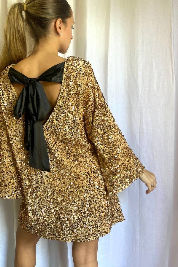 Sequin Belle™ | Women's Mini Dress | All-Over Sequin, Back Tie-Up Bow Design, Loose Fit
