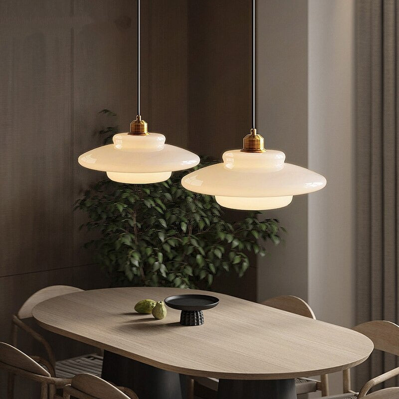 Mid Century Modern Milk Glass Pendant Light Fixture for Kitchen, Dining Room & Living Room