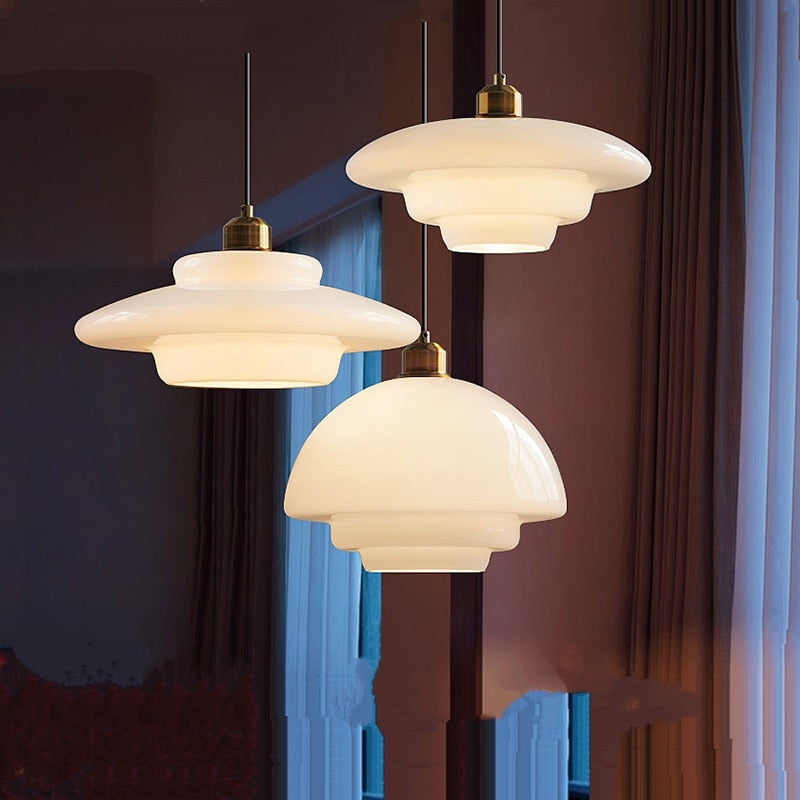 Mid Century Modern Milk Glass Pendant Light Fixture for Kitchen, Dining Room & Living Room