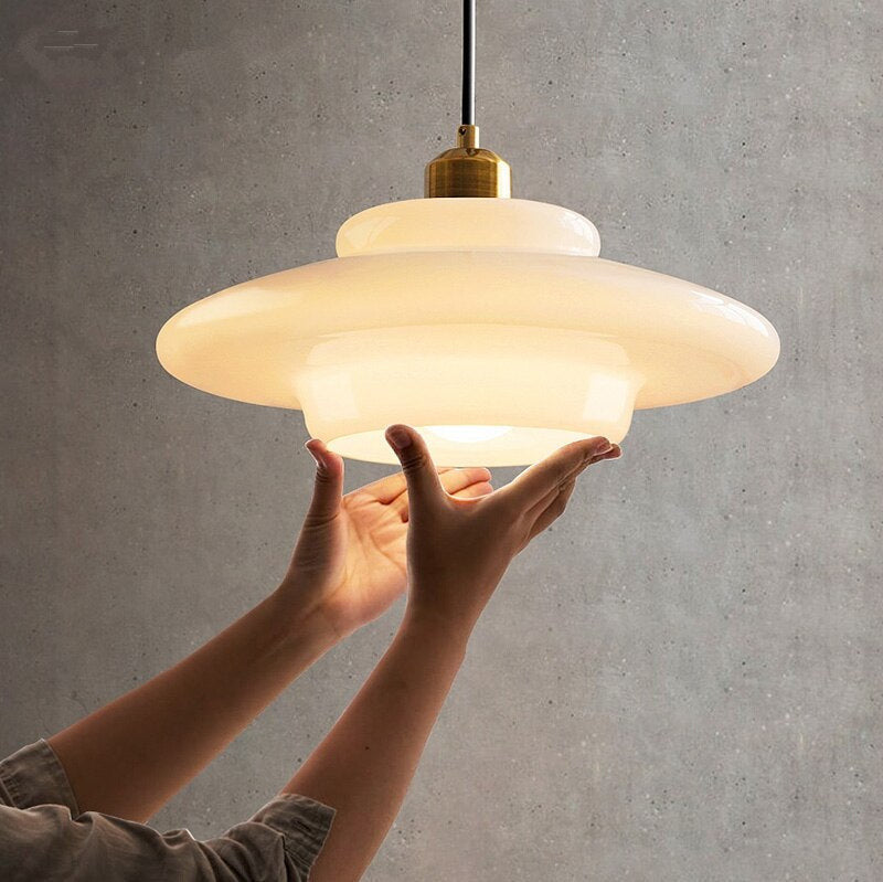 Mid Century Modern Milk Glass Pendant Light Fixture for Kitchen, Dining Room & Living Room
