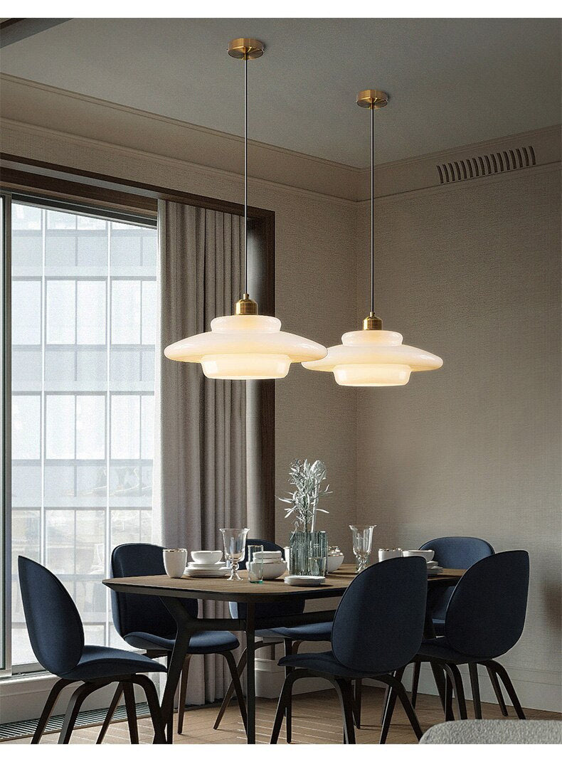Mid Century Modern Milk Glass Pendant Light Fixture for Kitchen, Dining Room & Living Room