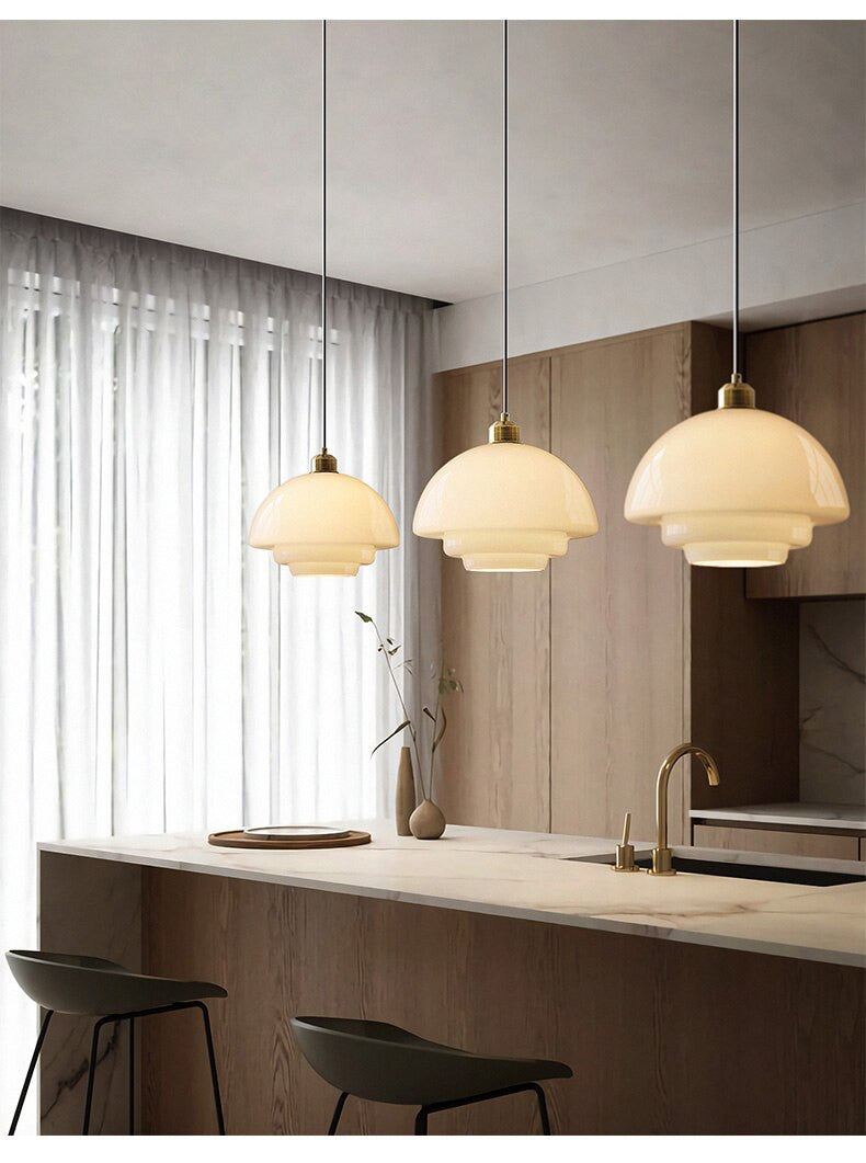 Mid Century Modern Milk Glass Pendant Light Fixture for Kitchen, Dining Room & Living Room