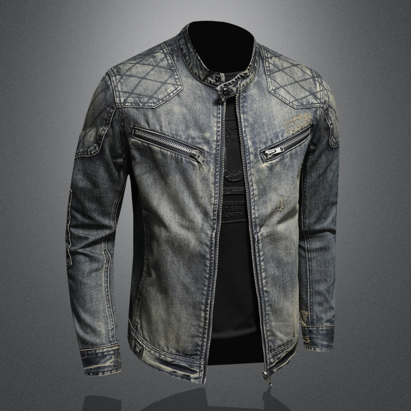 Denim Axel™ | Men's Slim Fit Denim Jacket | Stand Collar, Quilted Shoulders & Zipper Pockets