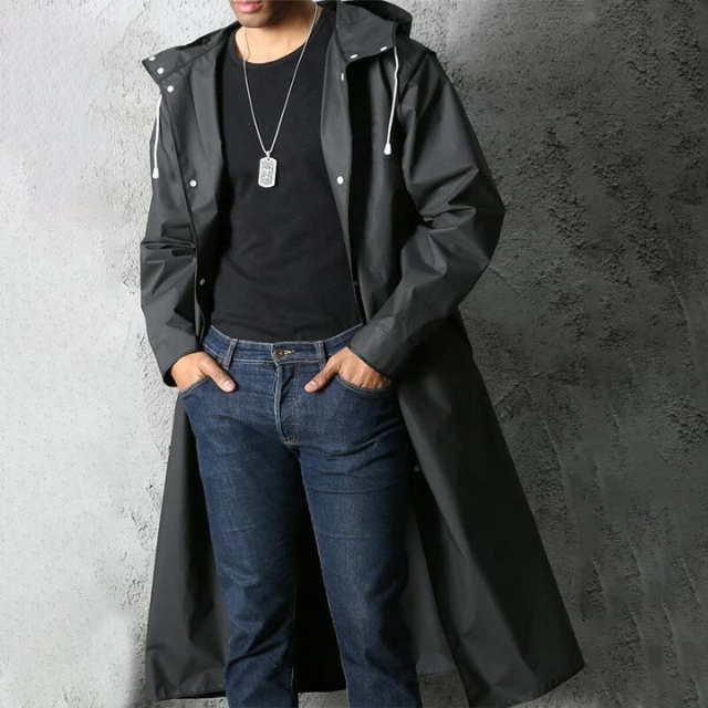 StormGuard™ | Men's Long Black Hooded Coat | Water-Resistant, Lightweight Fabric & Adjustable Drawstring