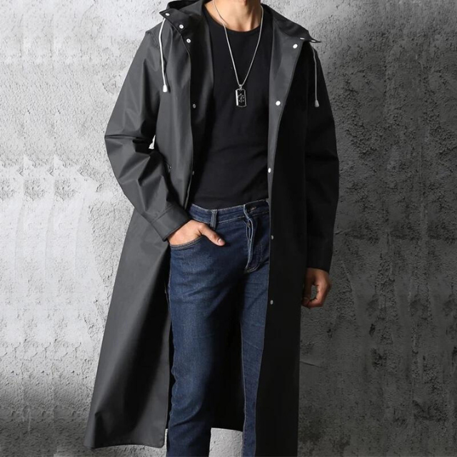 StormGuard™ | Men's Long Black Hooded Coat | Water-Resistant, Lightweight Fabric & Adjustable Drawstring