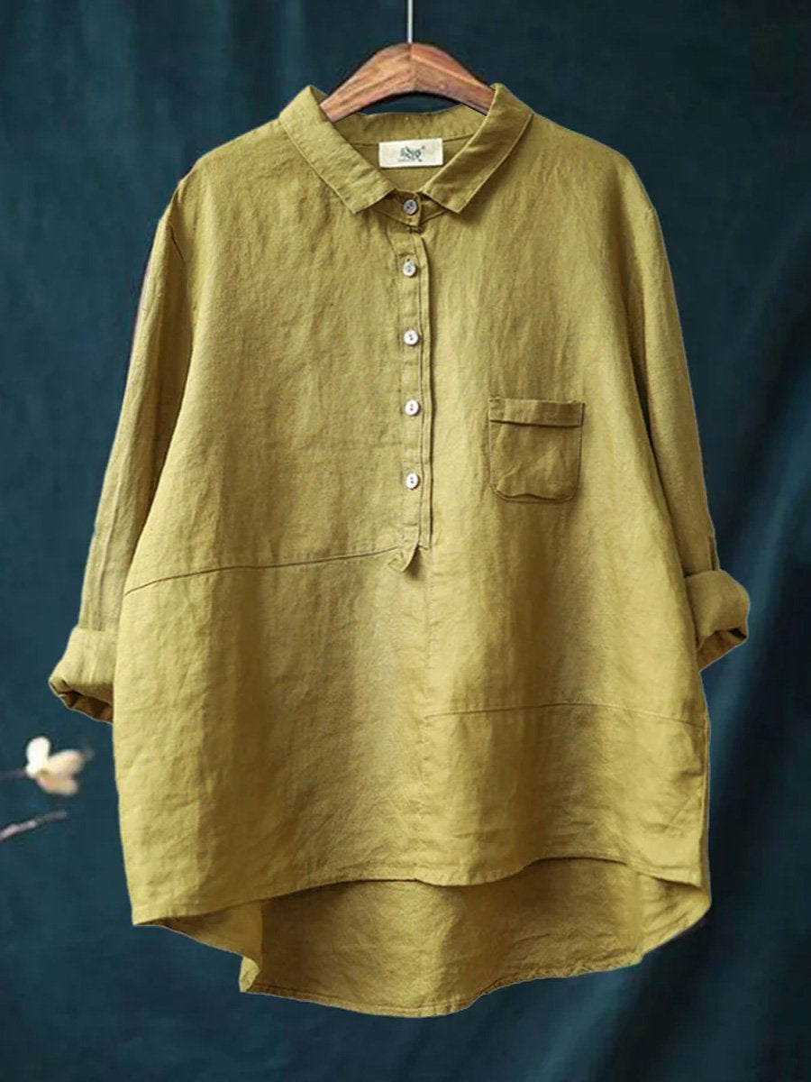 LinenLuxe™ | Women's Casual Long Sleeve Shirt | Cotton-Linen Blend, Lapel Neck, Solid Color Design