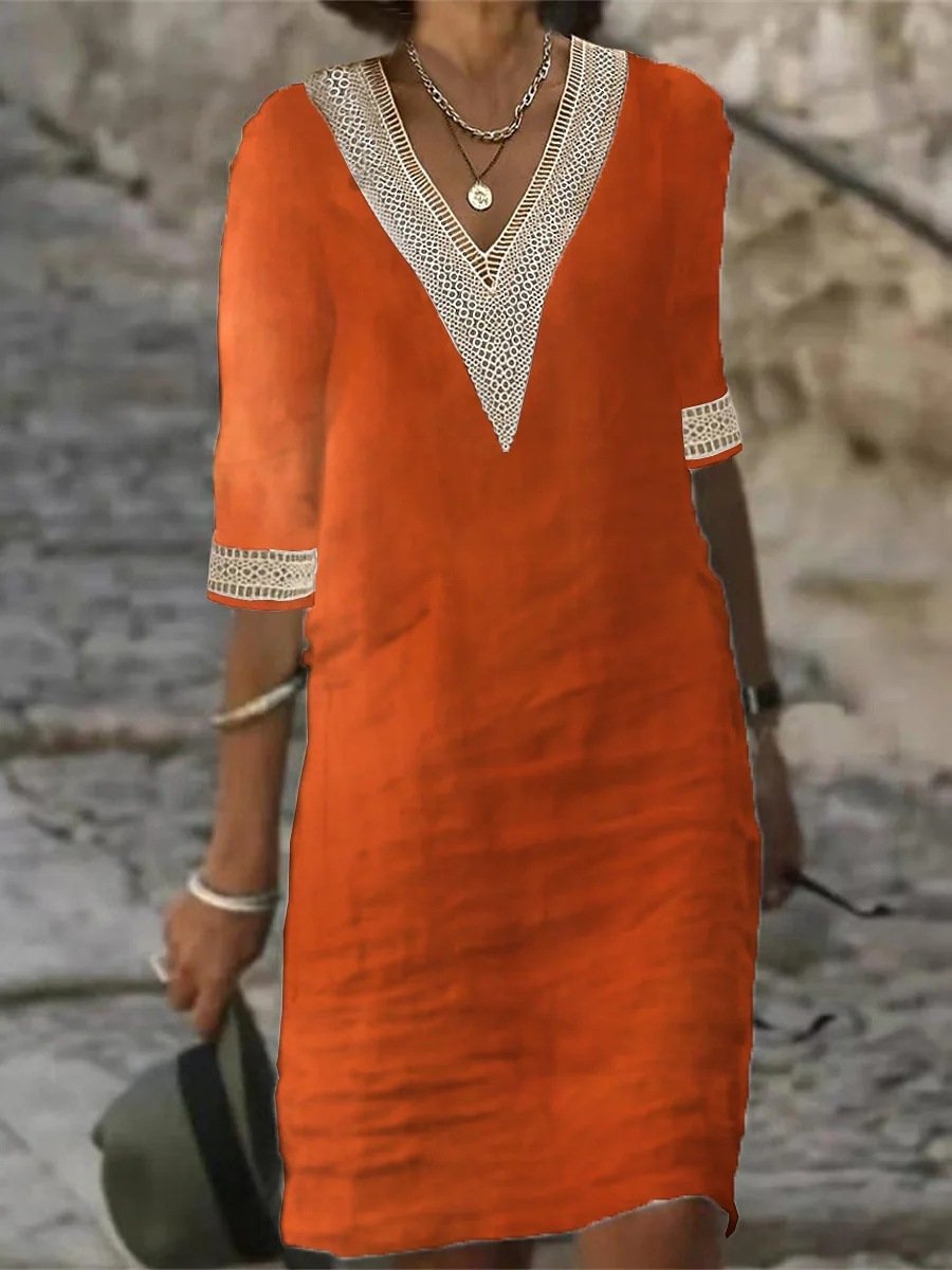 LinenLuxe™ | Women's Casual Dress | Linen Blend, V-Neck Lace Trim & Relaxed Fit 3/4 Sleeve
