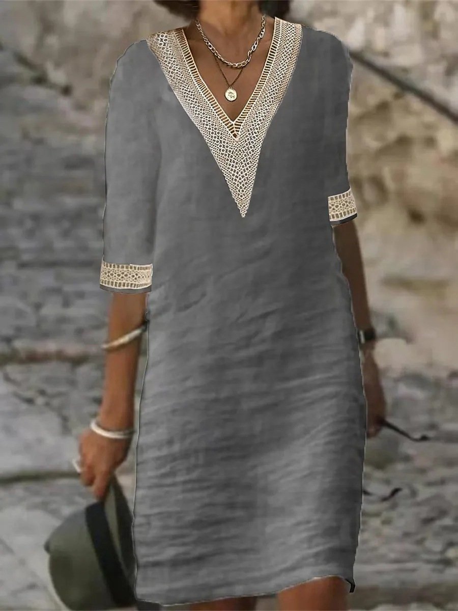 LinenLuxe™ | Women's Casual Dress | Linen Blend, V-Neck Lace Trim & Relaxed Fit 3/4 Sleeve