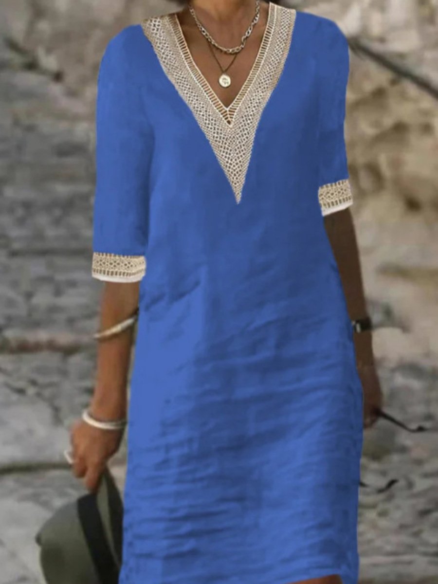 LinenLuxe™ | Women's Casual Dress | Linen Blend, V-Neck Lace Trim & Relaxed Fit 3/4 Sleeve