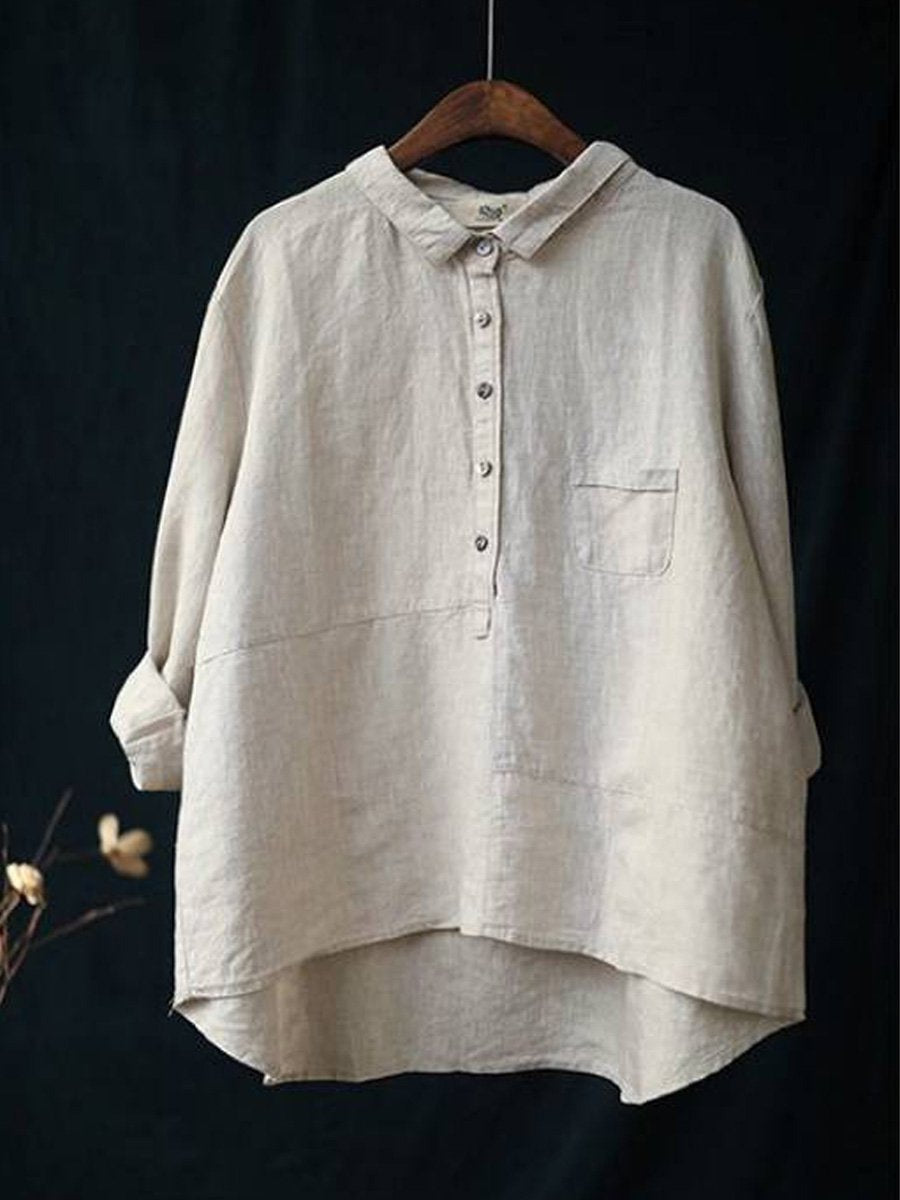 LinenLuxe™ | Women's Casual Long Sleeve Shirt | Cotton-Linen Blend, Lapel Neck, Solid Color Design