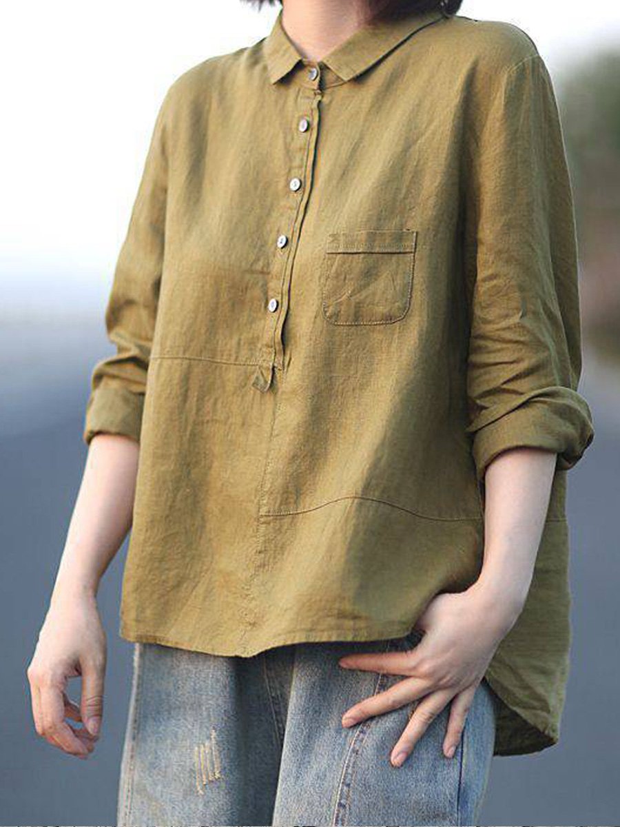 LinenLuxe™ | Women's Casual Long Sleeve Shirt | Cotton-Linen Blend, Lapel Neck, Solid Color Design