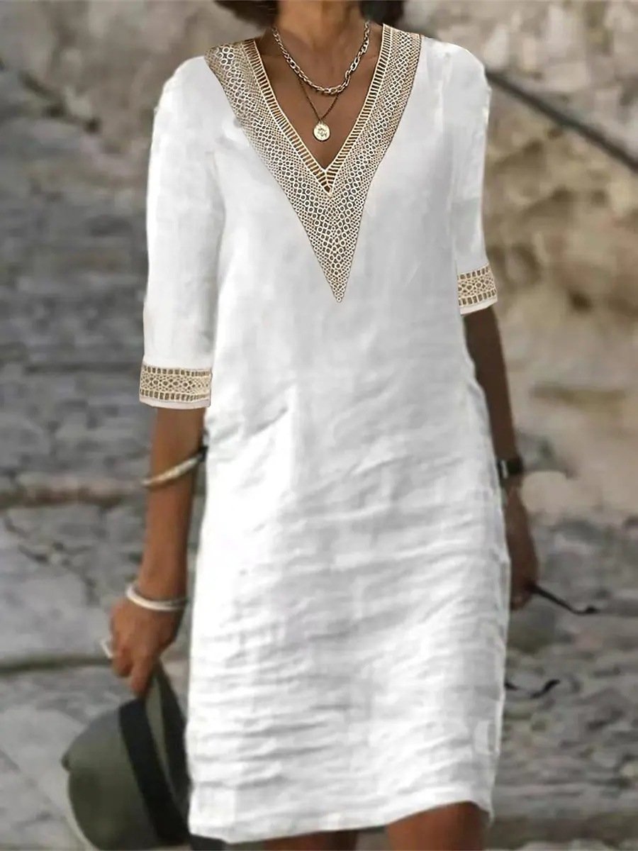LinenLuxe™ | Women's Casual Dress | Linen Blend, V-Neck Lace Trim & Relaxed Fit 3/4 Sleeve