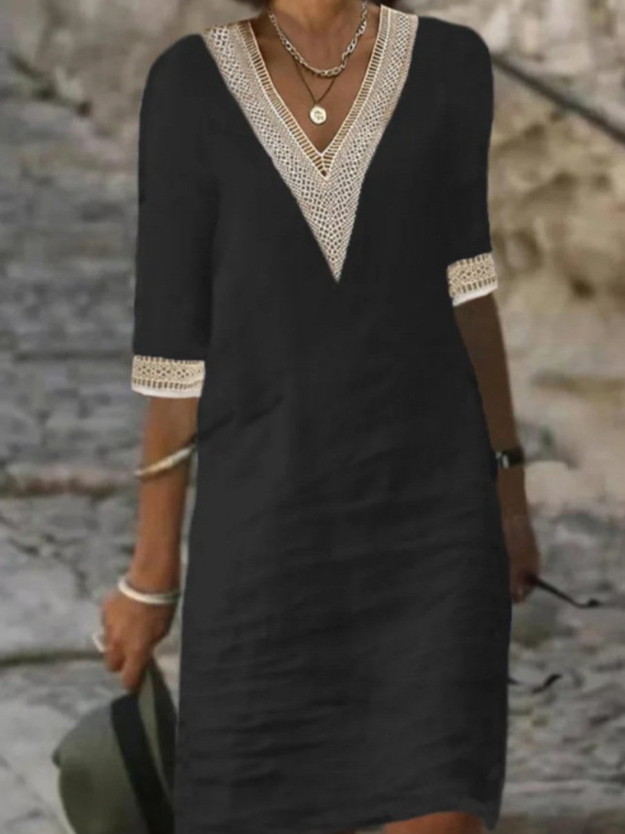 LinenLuxe™ | Women's Casual Dress | Linen Blend, V-Neck Lace Trim & Relaxed Fit 3/4 Sleeve