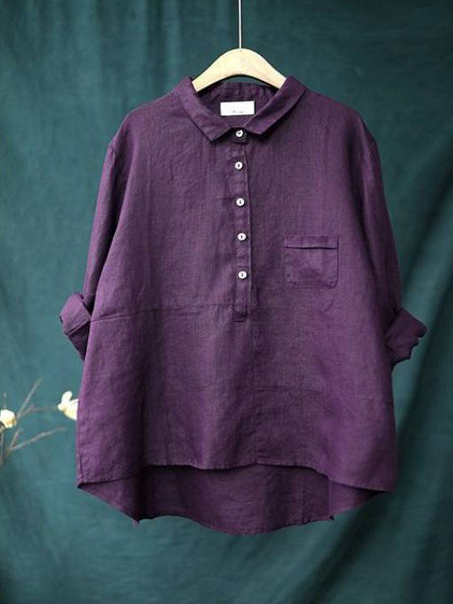 LinenLuxe™ | Women's Casual Long Sleeve Shirt | Cotton-Linen Blend, Lapel Neck, Solid Color Design