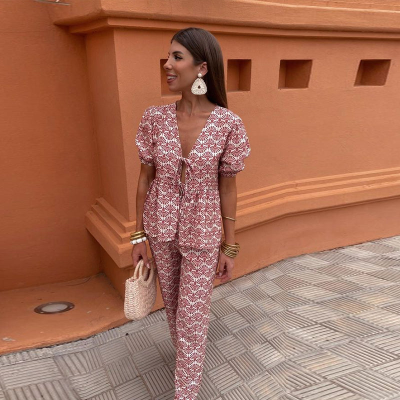 Linen Aura™ | Women's Two-Piece Linen Set | Puff Sleeve Tie-Front Top & High-Waist Wide-Leg Pants