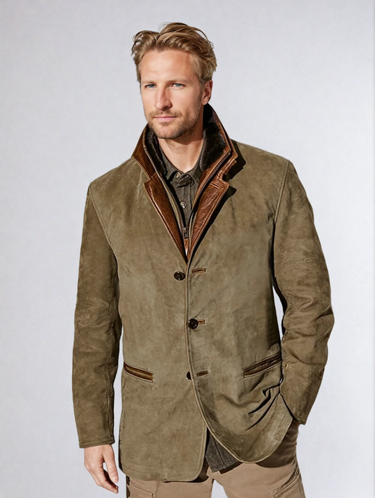 Men's Vintage Buckskin Leather Jacket - Men's Leather Jacket, Vintage Style, Buckskin Material, Casual Outerwear for Men