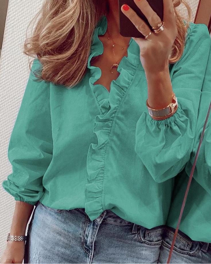 Blouse Ruffle™ | Women's Long-Sleeve Blouse | V-Neck, Ruffle Detail, Lightweight Fabric for Everyday Wear