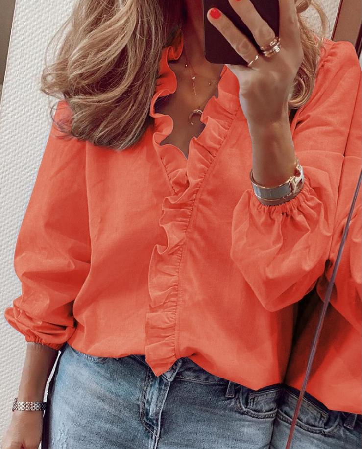 Blouse Ruffle™ | Women's Long-Sleeve Blouse | V-Neck, Ruffle Detail, Lightweight Fabric for Everyday Wear